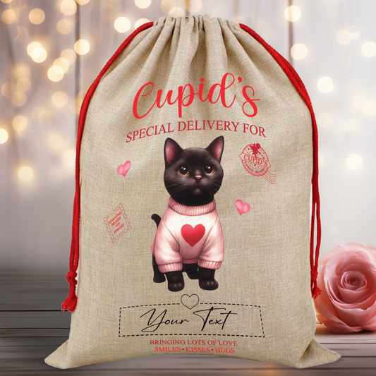 Personalised Cat Love Heart Valentine Anniversary Gift Sack - Black Cat