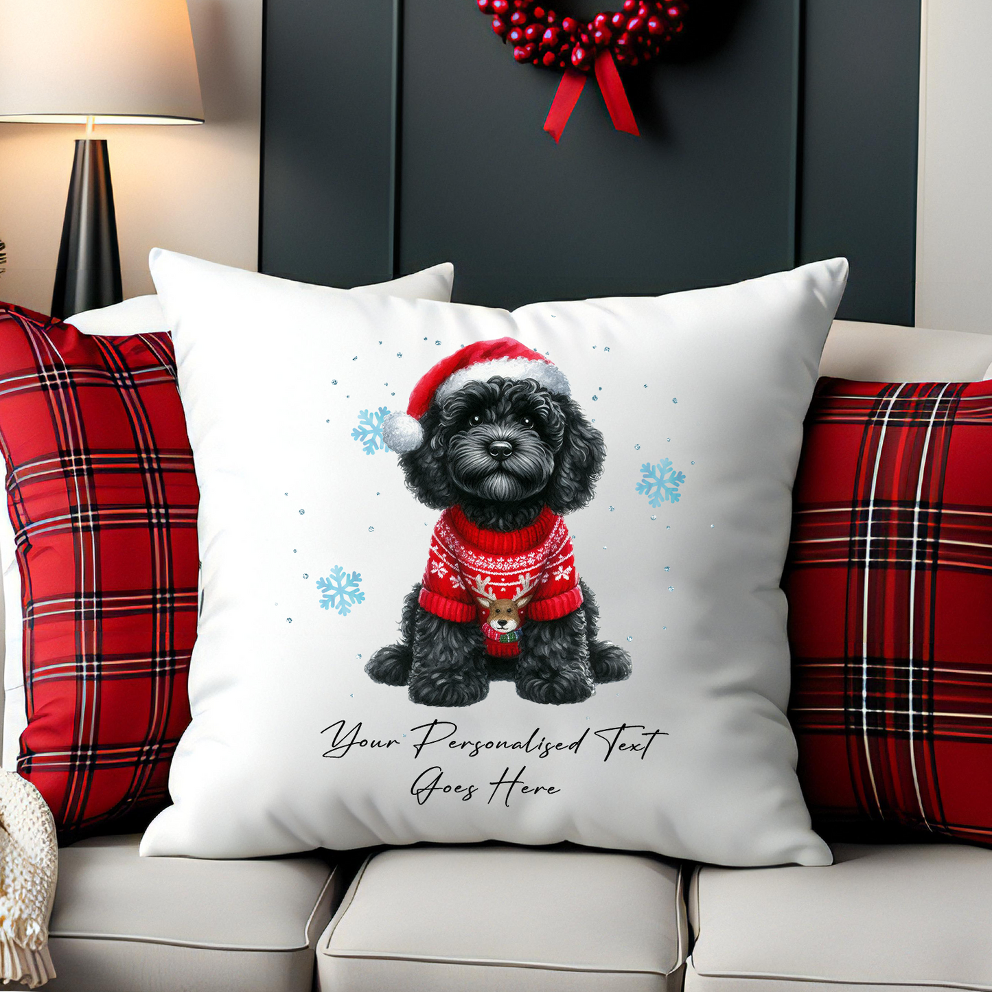 Personalised Black Cockapoo Dog Christmas jumper Cushion Cover Gift