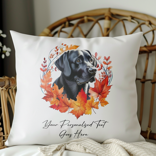 Personalised Black Labrador in an Autumn wreath - Keepsake Gift cushion, by Floppsie Moppsie – floppsiemoppsie at floppsiemoppsie.co.uk