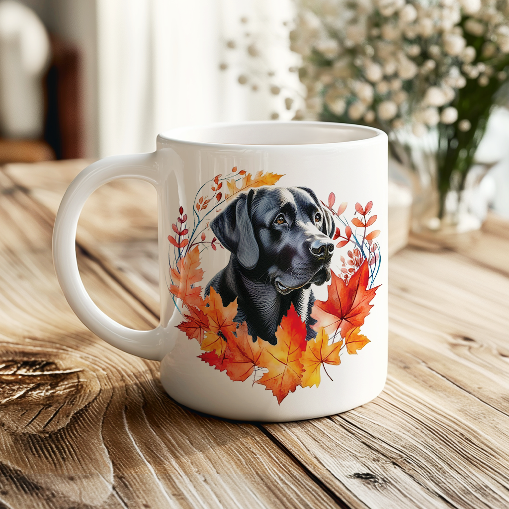 Personalised Black Labrador in an Autumn wreath - Keepsake Mug, ideal gift for Birthday and Christmas Gift, by Floppsie Moppsie – floppsiemoppsie at floppsiemoppsie.co.uk