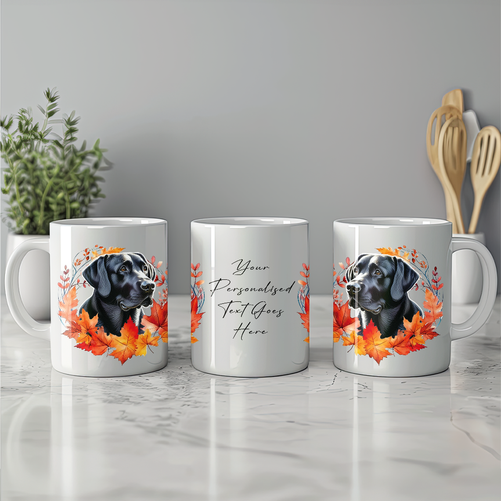 Personalised Black Labrador in an Autumn wreath - Keepsake Mug, ideal gift for Birthday and Christmas Gift, by Floppsie Moppsie – floppsiemoppsie at floppsiemoppsie.co.uk