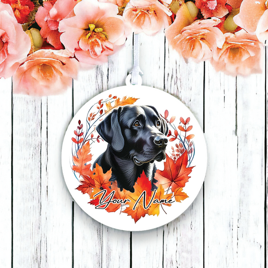 Personalised Dog Black Labrador in an autumn wreath - Keepsake Gift Hanging Decoration, by Floppsie Moppsie – floppsiemoppsie at floppsiemoppsie.co.uk