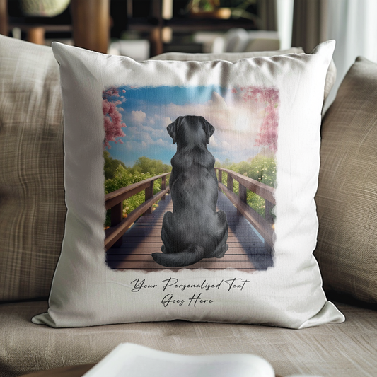 Personalised Black Labrador – Looking out across a Bridge Pet Gift Cushion, by Floppsie Moppsie – floppsiemoppsie at floppsiemoppsie.co.uk