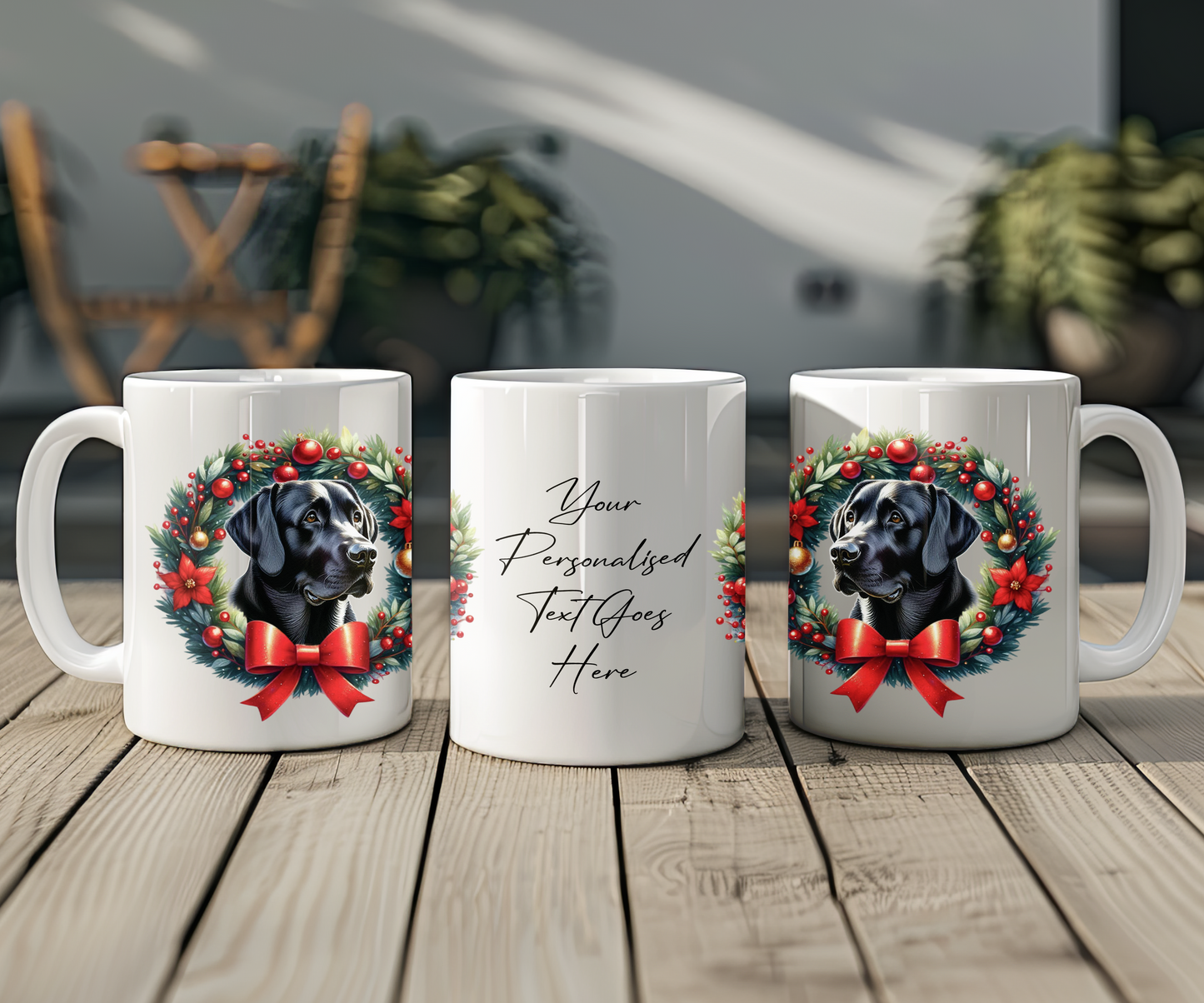 Personalised Black Labrador Dog Christmas Wreath Gift Mug