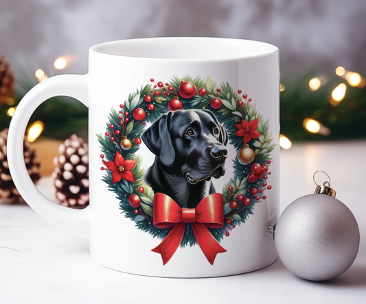 Personalised Black Labrador Dog Christmas Wreath Gift Mug