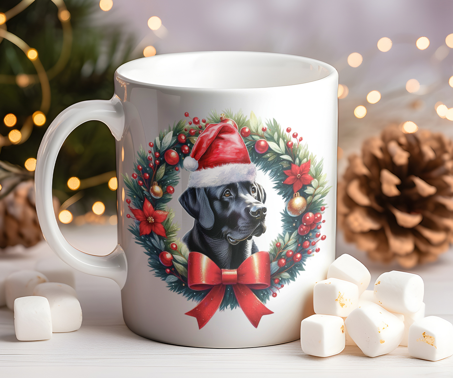 Personalised Black Labrador Dog Christmas Wreath Gift Mug