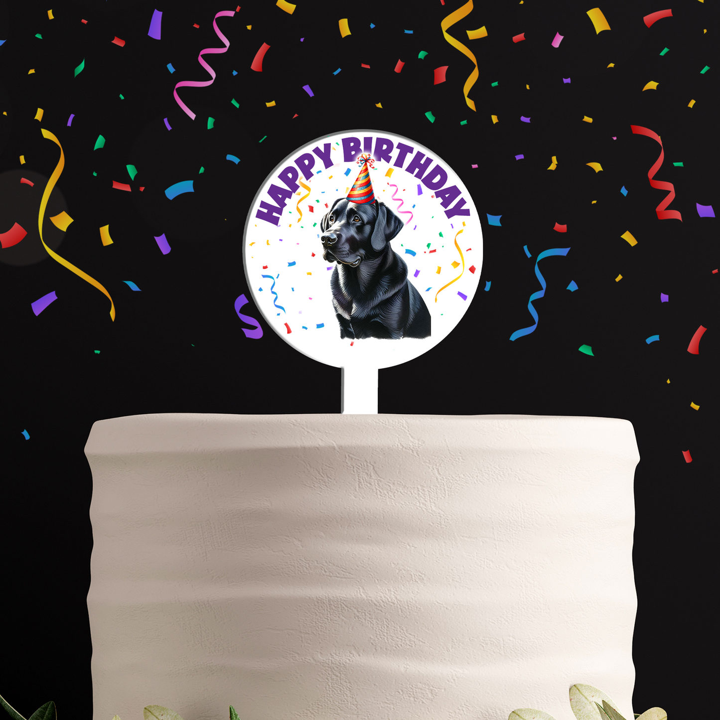 Personalised Dog Party Hat Cake Topper - Black Labrador