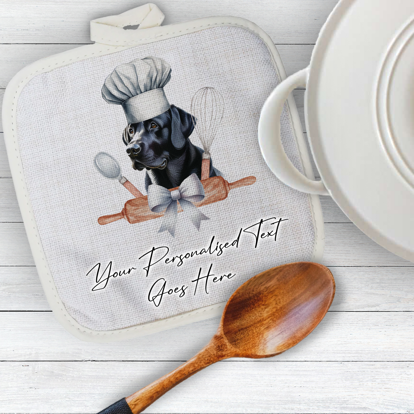 Personalised Dog In Chef Hat Gift Pot Holder / Grab - Black Labrador