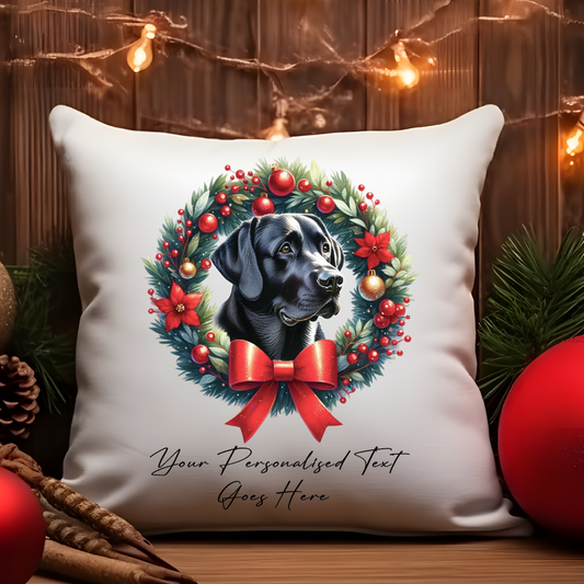 Personalised Black Labrador in a Christmas wreath - Keepsake Gift cushion, by Floppsie Moppsie – floppsiemoppsie at floppsiemoppsie.co.uk