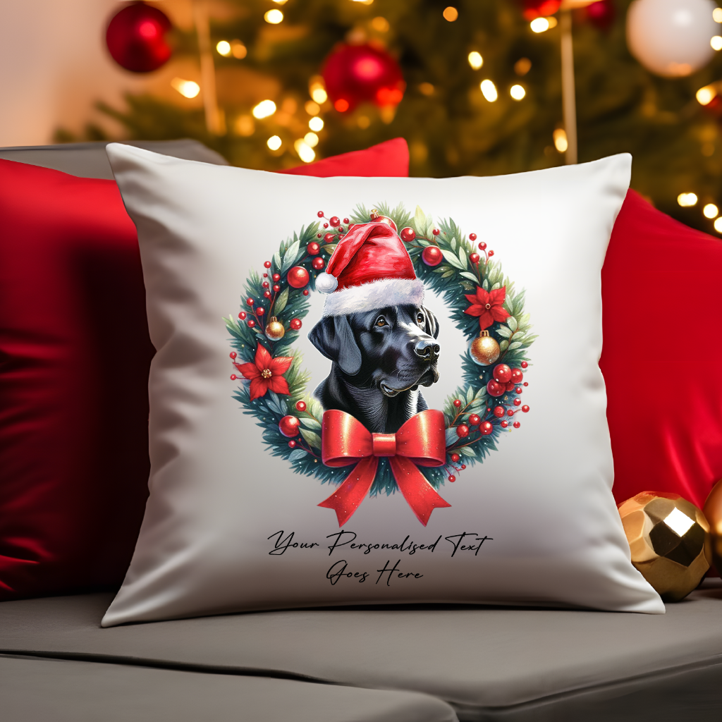 Personalised Black Labrador with Santa hat in a Christmas wreath - Keepsake Gift cushion, by Floppsie Moppsie – floppsiemoppsie at floppsiemoppsie.co.uk