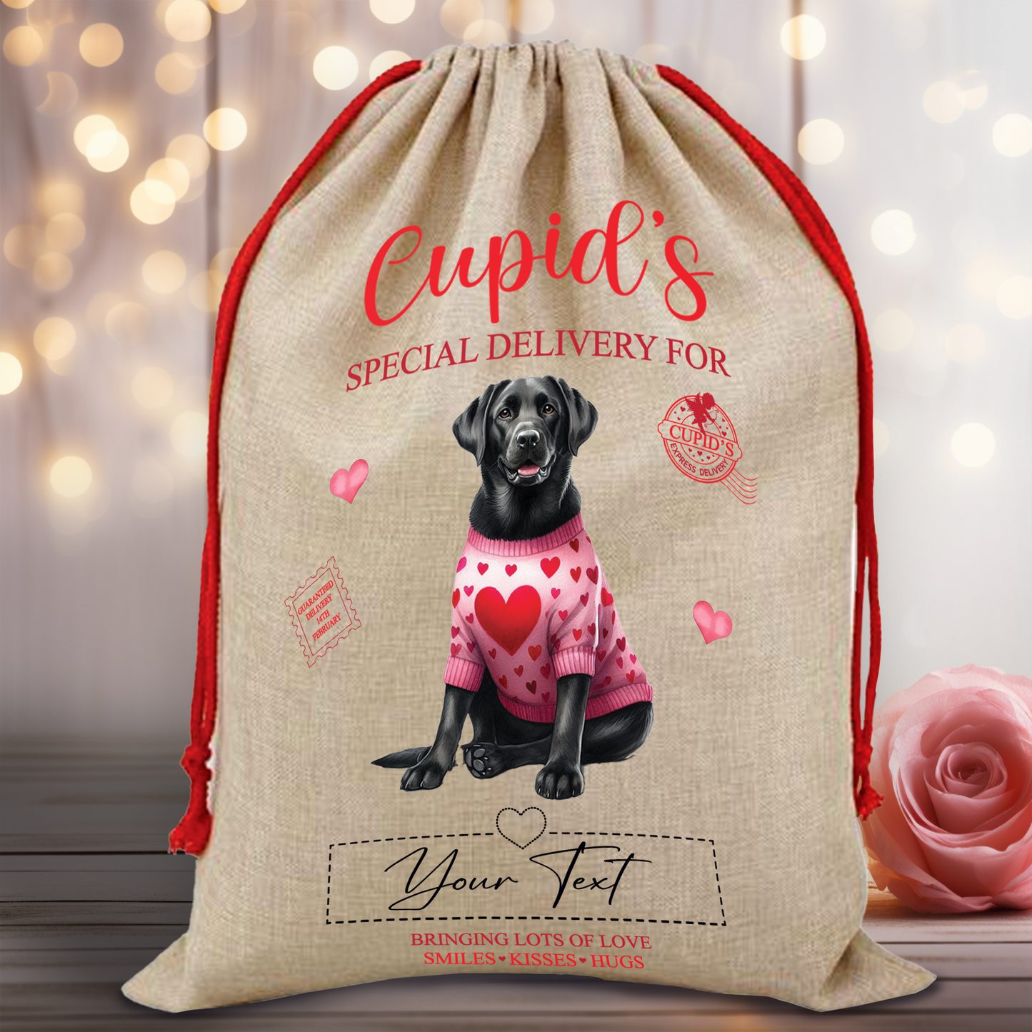 Personalised Dog Love Heart Valentine Anniversary Gift Sack - Black Labrador