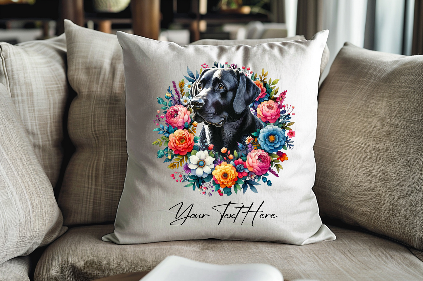 Personalised Floral Summer Pet Dog Wreath with Black Labrador - Keepsake Gift Cushion, by Floppsie Moppsie – floppsiemoppsie at floppsiemoppsie.co.uk