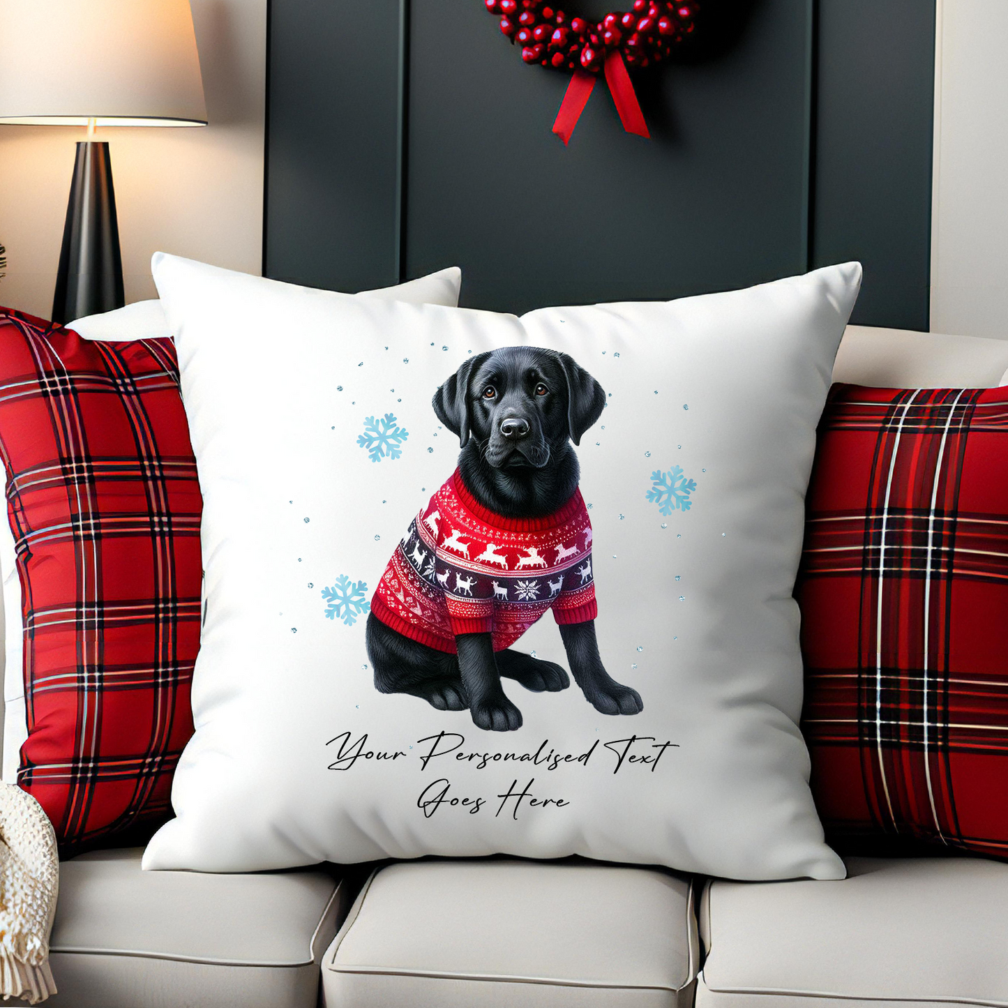 Personalised Black Labrador Dog Christmas jumper Cushion Cover Gift