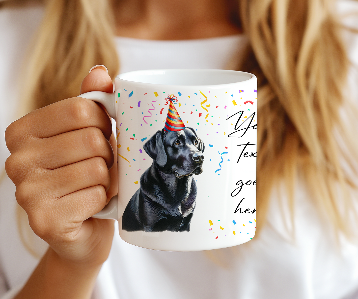 Personalised Dog Gift Mug - Black Labrador with Birthday Congratulations Party Hat