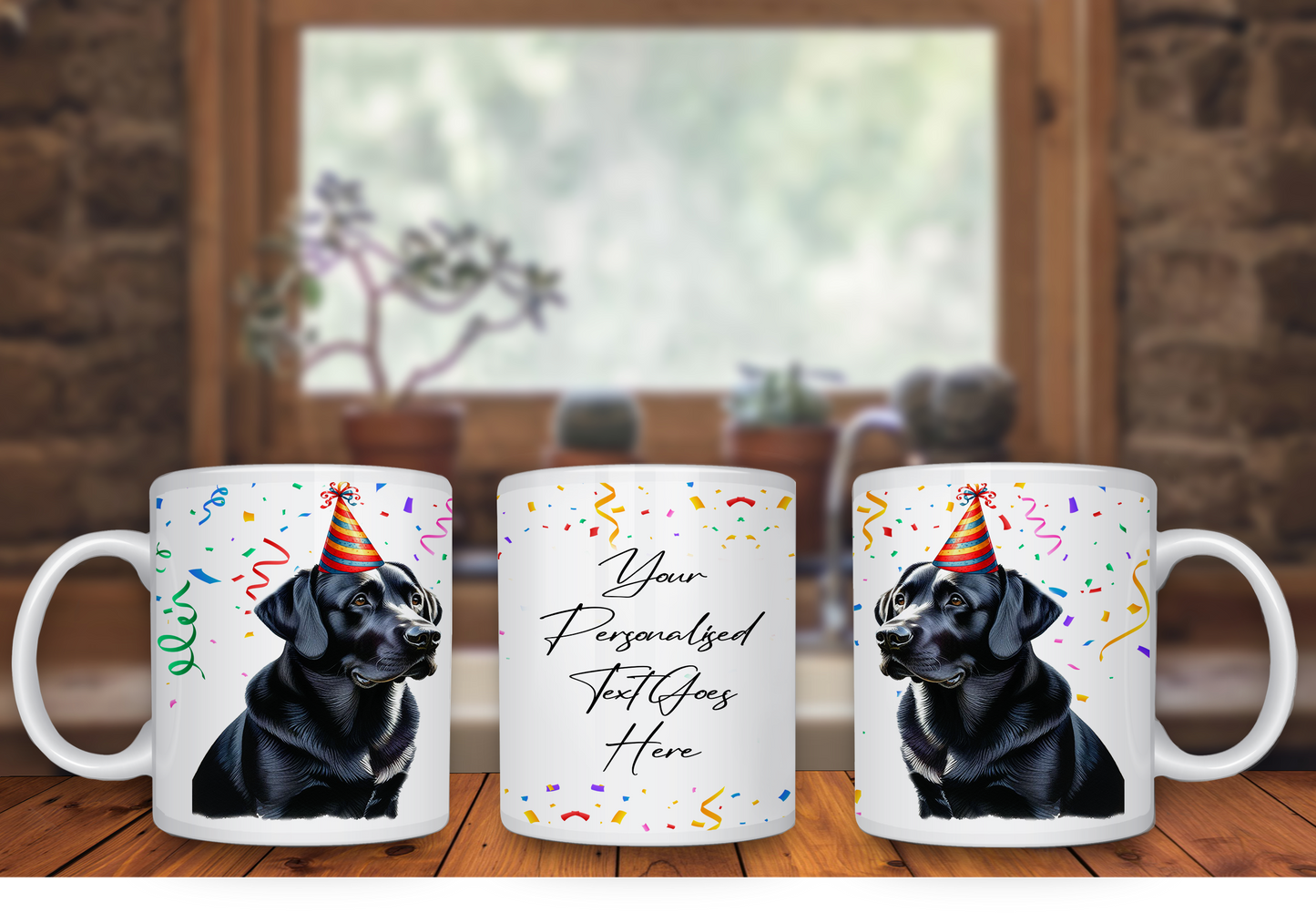 Personalised Dog Gift Mug - Black Labrador with Birthday Congratulations Party Hat