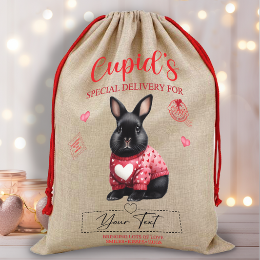 Personalised Animal Love Heart Valentine Anniversary Gift Sack - Black Rabbit