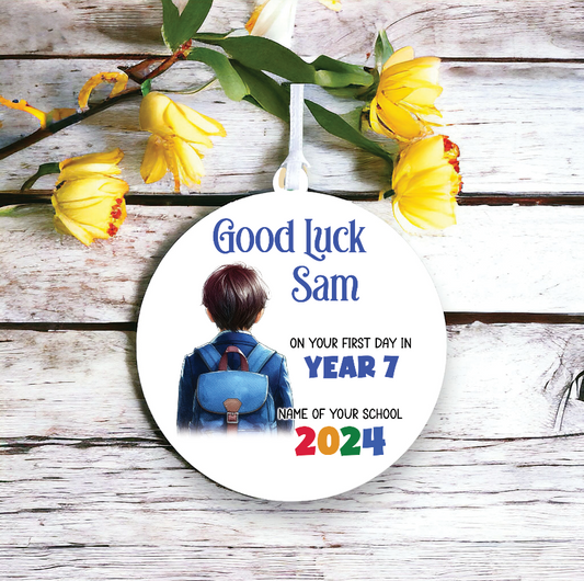 Personalised Back to School Good Luck Hanging Decoration with school child wearing backpack ready for first day of school - Keepsake Gift, by Floppsie Moppsie – floppsiemoppsie at floppsiemoppsie.co.uk