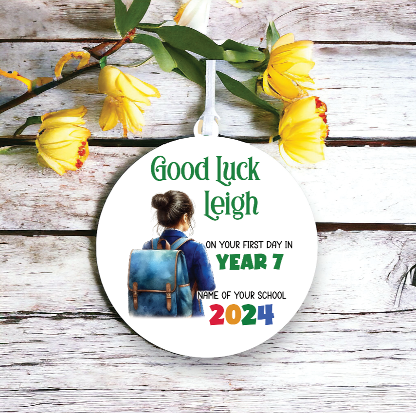 Personalised Back to School Good Luck Hanging Decoration with school child wearing backpack ready for first day of school - Keepsake Gift, by Floppsie Moppsie – floppsiemoppsie at floppsiemoppsie.co.uk