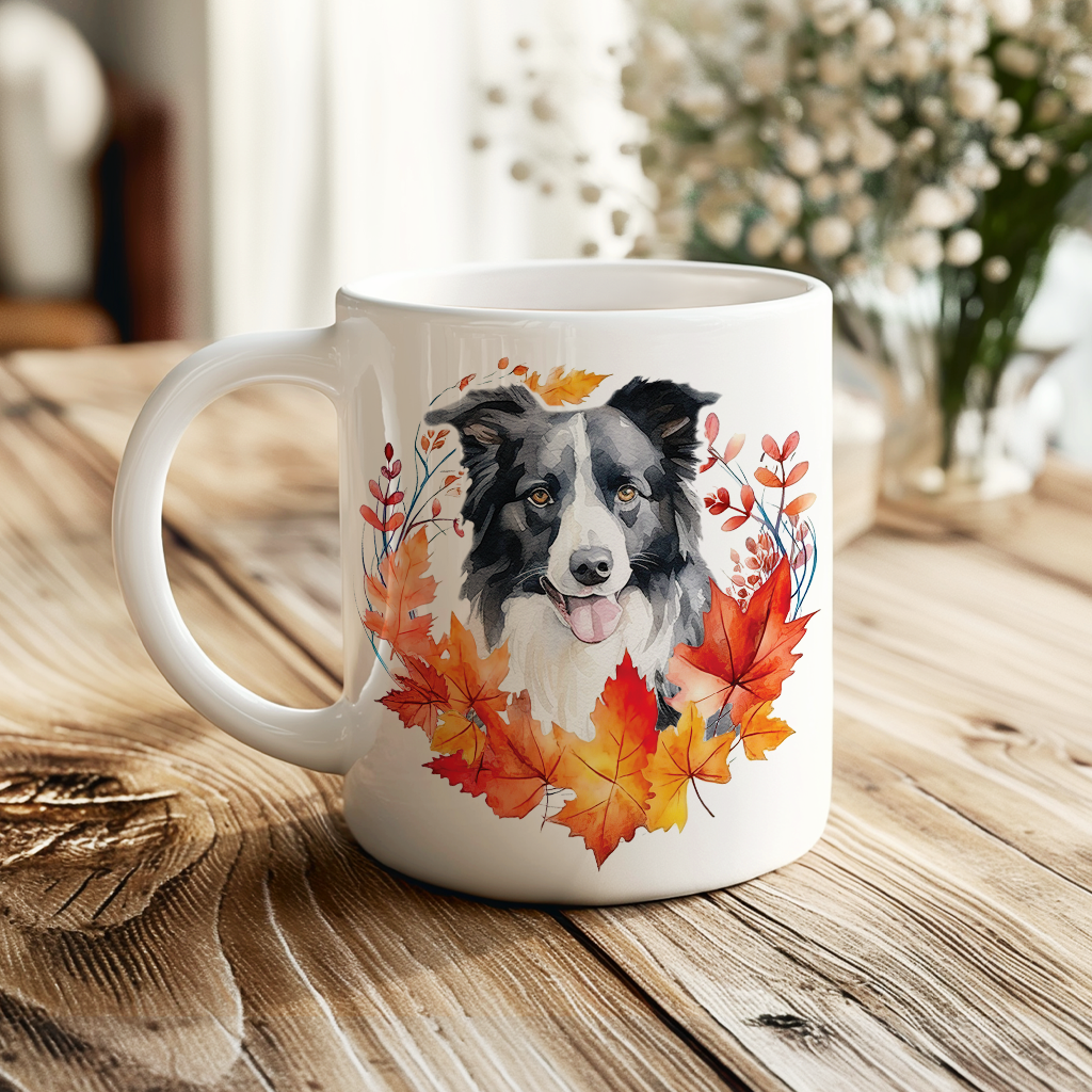 Personalised Border Collie in an Autumn wreath - Keepsake Mug, ideal gift for Birthday and Christmas Gift, by Floppsie Moppsie – floppsiemoppsie at floppsiemoppsie.co.uk