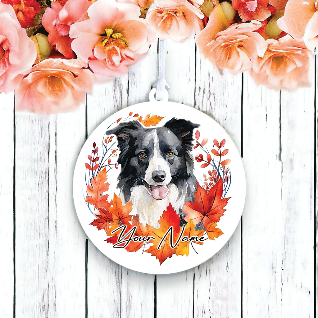 Personalised Dog Border Collie in an autumn wreath - Keepsake Gift Hanging Decoration, by Floppsie Moppsie – floppsiemoppsie at floppsiemoppsie.co.uk