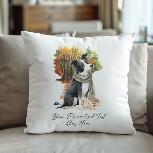 Personalised Dog Border Collie – on an Autmn Winter Walk wearing a scarf Pet Gift Cushion, by Floppsie Moppsie – floppsiemoppsie at floppsiemoppsie.co.uk