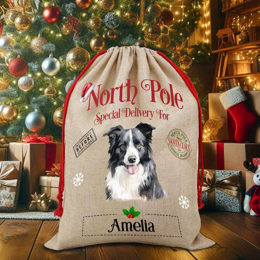 Personalised Dog Border Collie – North Pole Special Delivery Santa Sack Pet Gift, by Floppsie Moppsie – floppsiemoppsie at floppsiemoppsie.co.uk