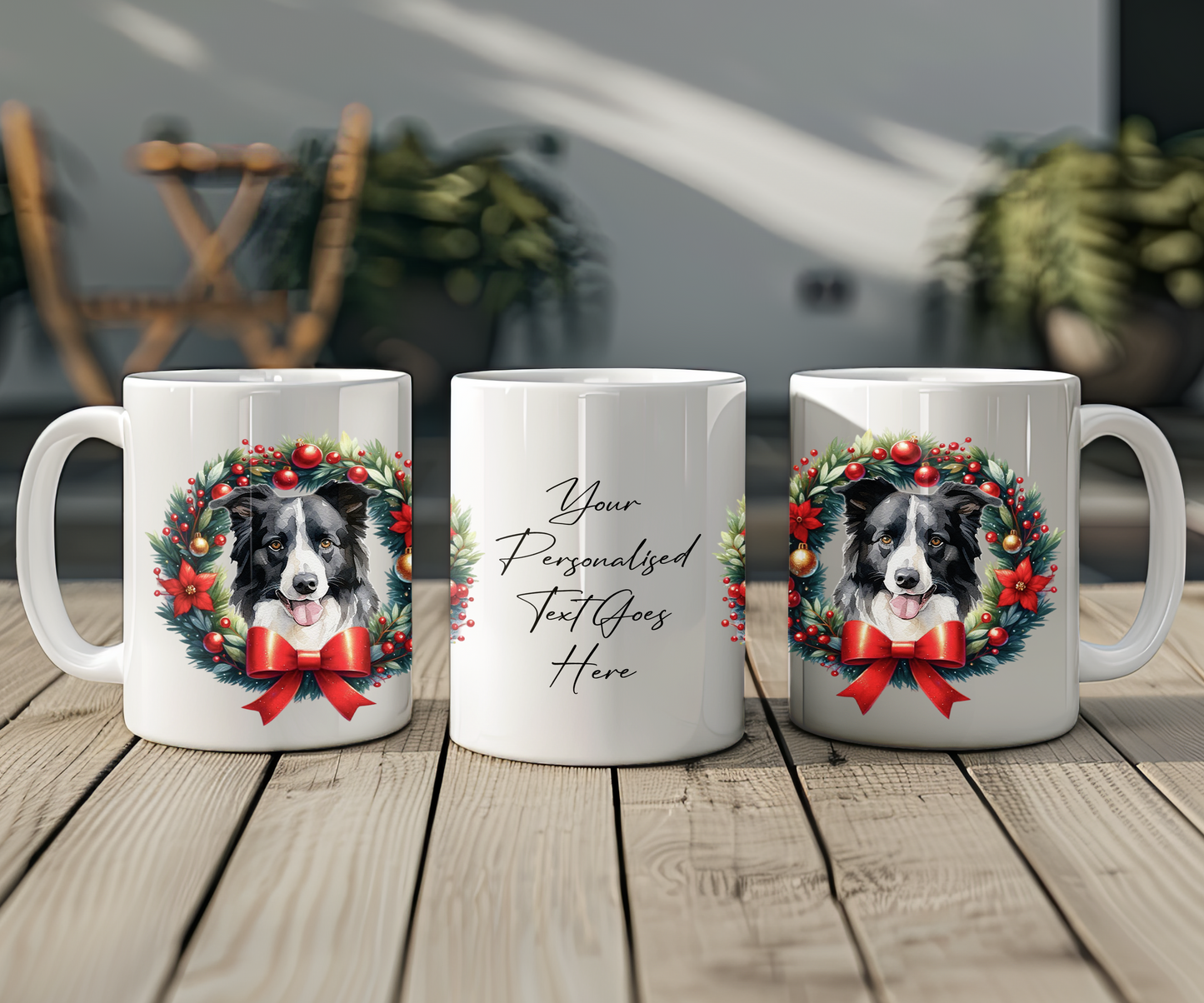 Personalised Border Collie Dog Christmas Wreath Gift Mug