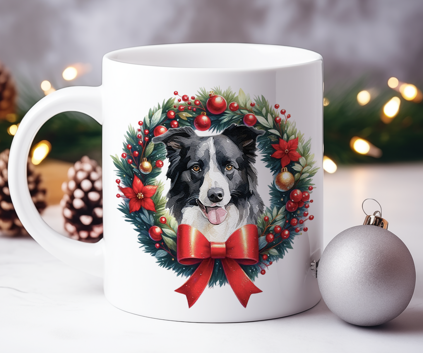 Personalised Border Collie Dog Christmas Wreath Gift Mug