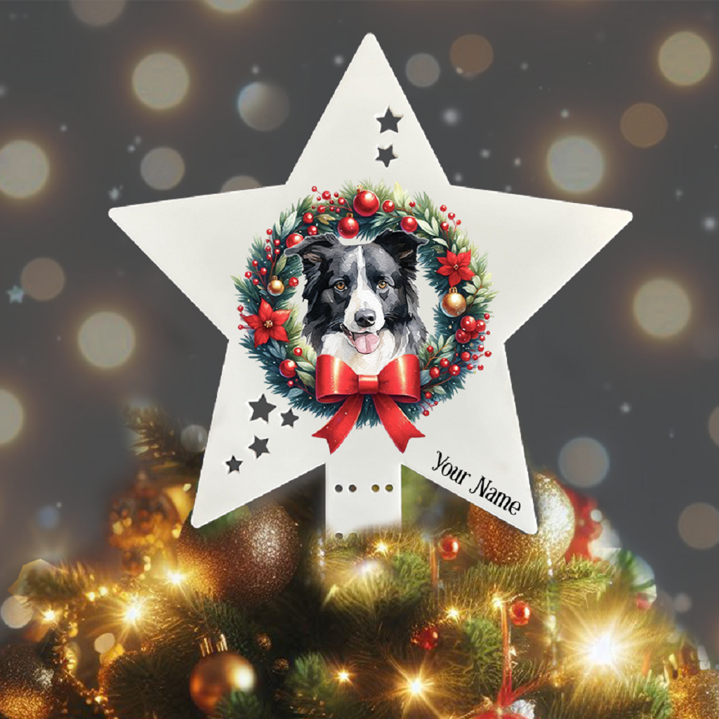 Personalised Pet Dog Border Collie wreath Christmas Tree Topper - Keepsake Gift, by Floppsie Moppsie – floppsiemoppsie at floppsiemoppsie.co.uk