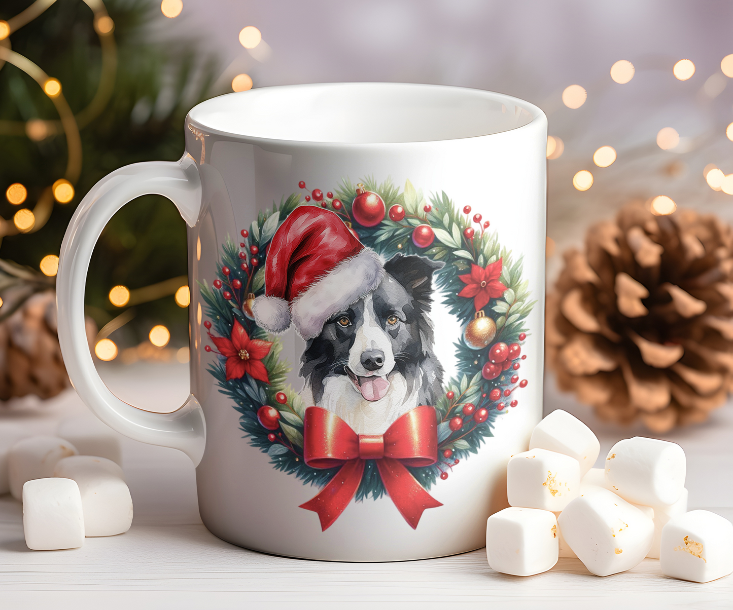 Personalised Border Collie Dog Christmas Wreath Gift Mug