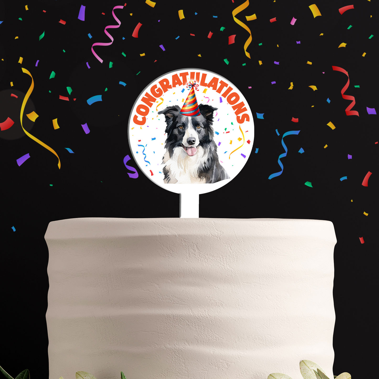 Personalised Dog Party Hat Cake Topper - Border Collie