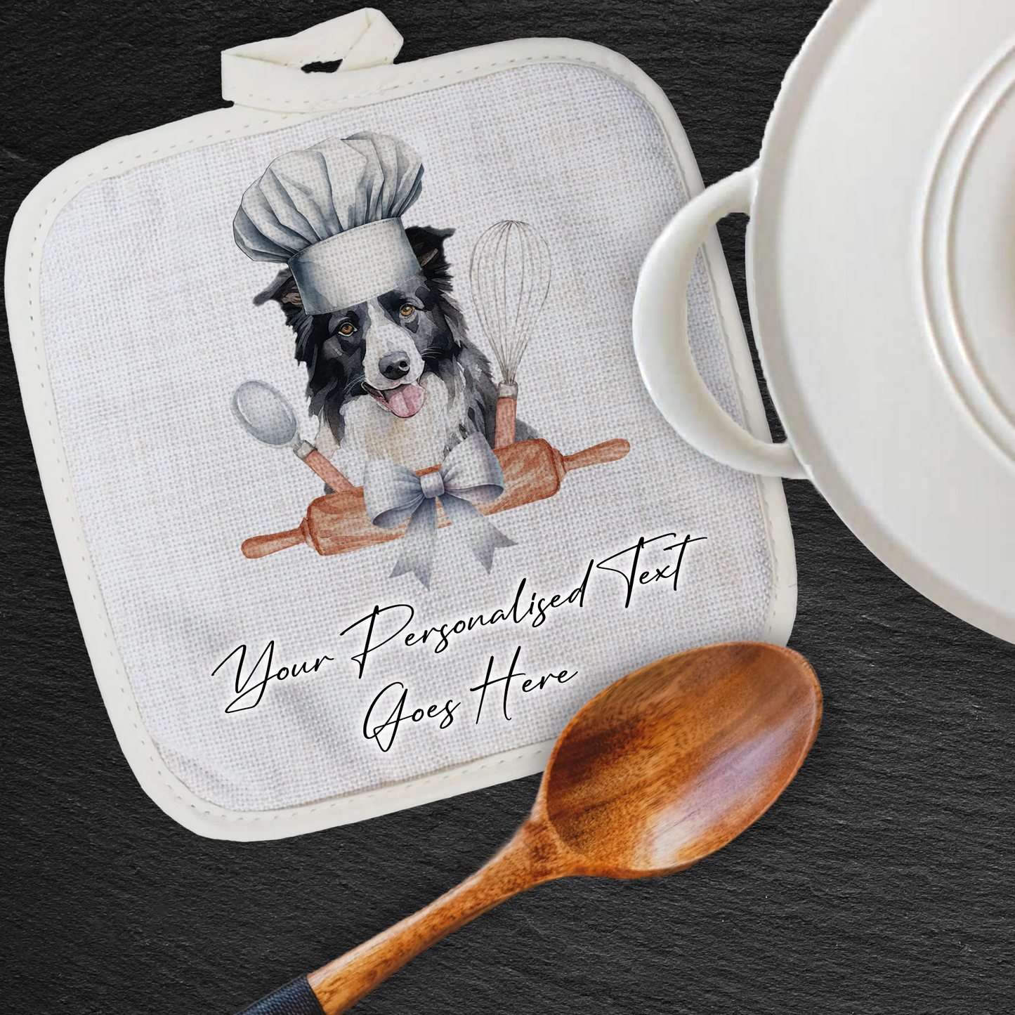 Personalised Dog In Chef Hat Gift Pot Holder / Grab - Border Collie