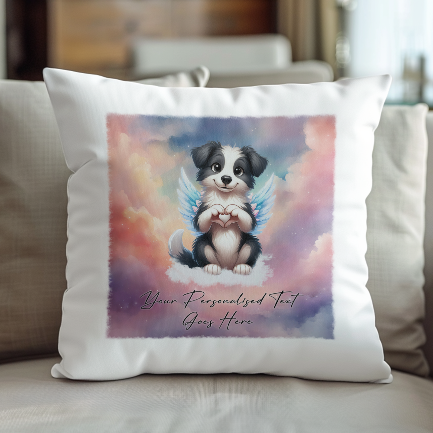 Personalised Dog Memorial Mug of Border Collie with wings in clouds making a heart sign - Keepsake Gift Cushion, by Floppsie Moppsie – floppsiemoppsie at floppsiemoppsie.co.uk