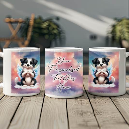 Personalised Dog Memorial Mug of Border Collie with wings in clouds making a heart sign - Keepsake Gift Mug, by Floppsie Moppsie – floppsiemoppsie at floppsiemoppsie.co.uk