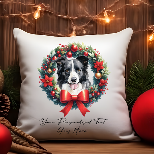 Personalised Border Collie in a Christmas wreath - Keepsake Gift cushion, by Floppsie Moppsie – floppsiemoppsie at floppsiemoppsie.co.uk