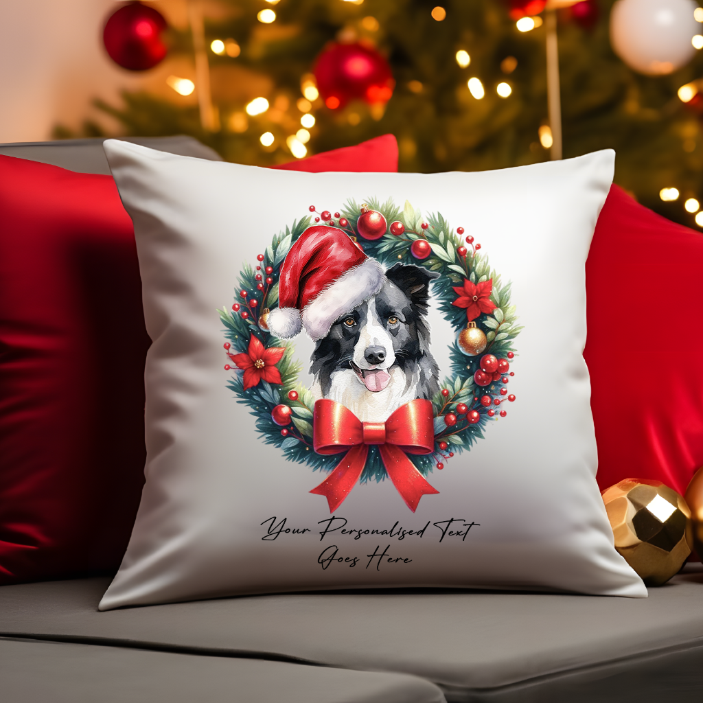 Personalised Border Collie with Santa Hat in a Christmas wreath - Keepsake Gift cushion, by Floppsie Moppsie – floppsiemoppsie at floppsiemoppsie.co.uk