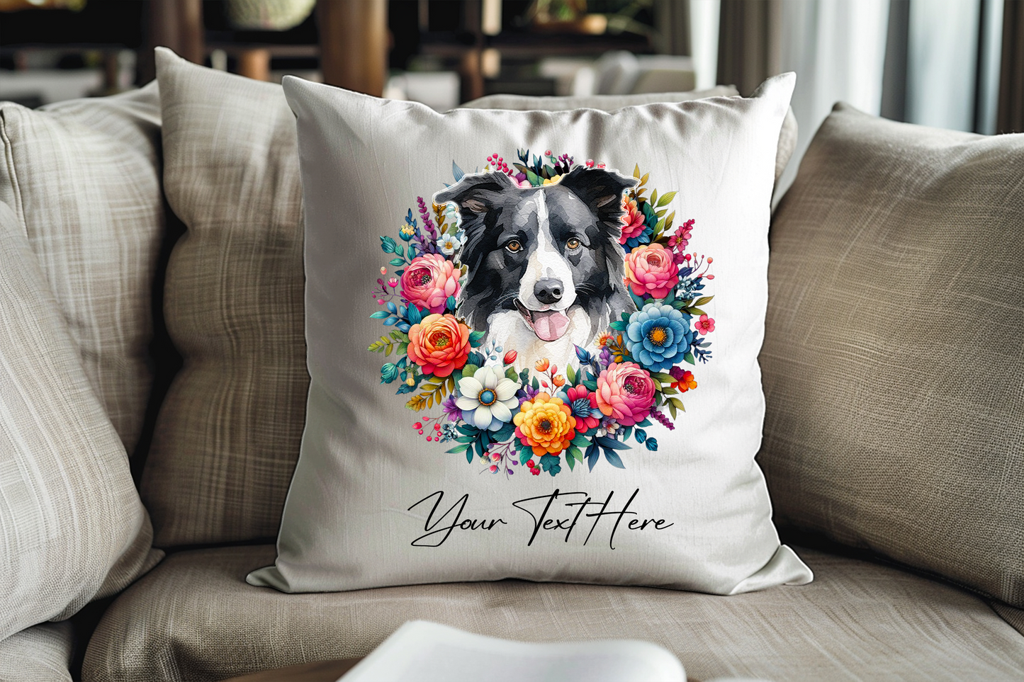 Personalised Floral Summer Pet Dog Wreath with Border Collie - Keepsake Gift Cushion, by Floppsie Moppsie – floppsiemoppsie at floppsiemoppsie.co.uk