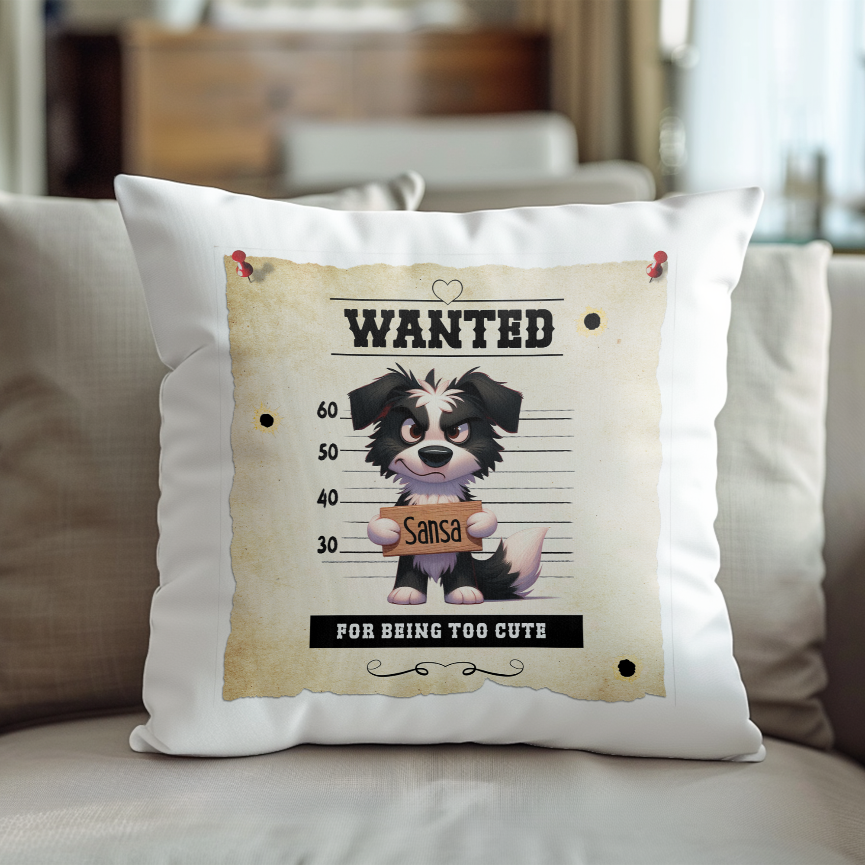 Personalised Dog WANTED Border Collie in a line-up - Keepsake Gift Cushion, by Floppsie Moppsie – floppsiemoppsie at floppsiemoppsie.co.uk