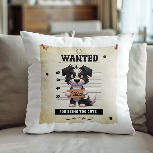 Personalised Dog WANTED Border Collie in a line-up - Keepsake Gift Cushion, by Floppsie Moppsie – floppsiemoppsie at floppsiemoppsie.co.uk