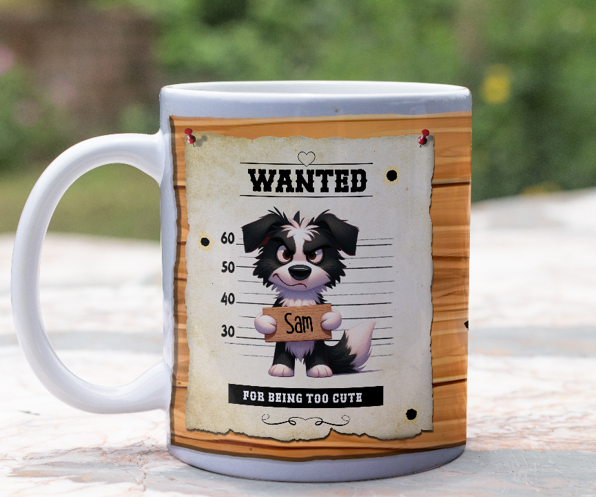 Personalised WANTED Pet Dog mug of a cute Border Collie on a wanted poster - Keepsake Gift, by Floppsie Moppsie – floppsiemoppsie at floppsiemoppsie.co.uk