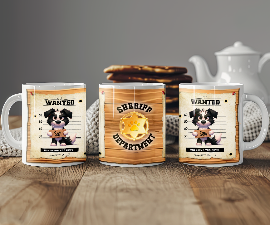 Personalised WANTED Pet Dog mug of a cute Border Collie on a wanted poster - Keepsake Gift, by Floppsie Moppsie – floppsiemoppsie at floppsiemoppsie.co.uk