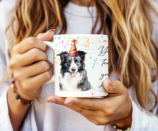 Personalised Dog Gift Mug - Border Collie with Birthday Congratulations Party Hat