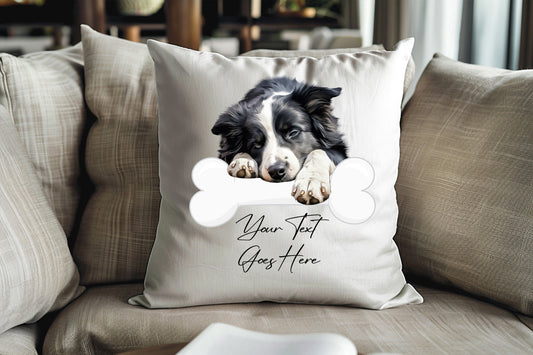 Personalised Border Collie sleeping on a bone Pet Dog Keepsake Gift Cushion, by Floppsie Moppsie – floppsiemoppsie at floppsiemoppsie.co.uk