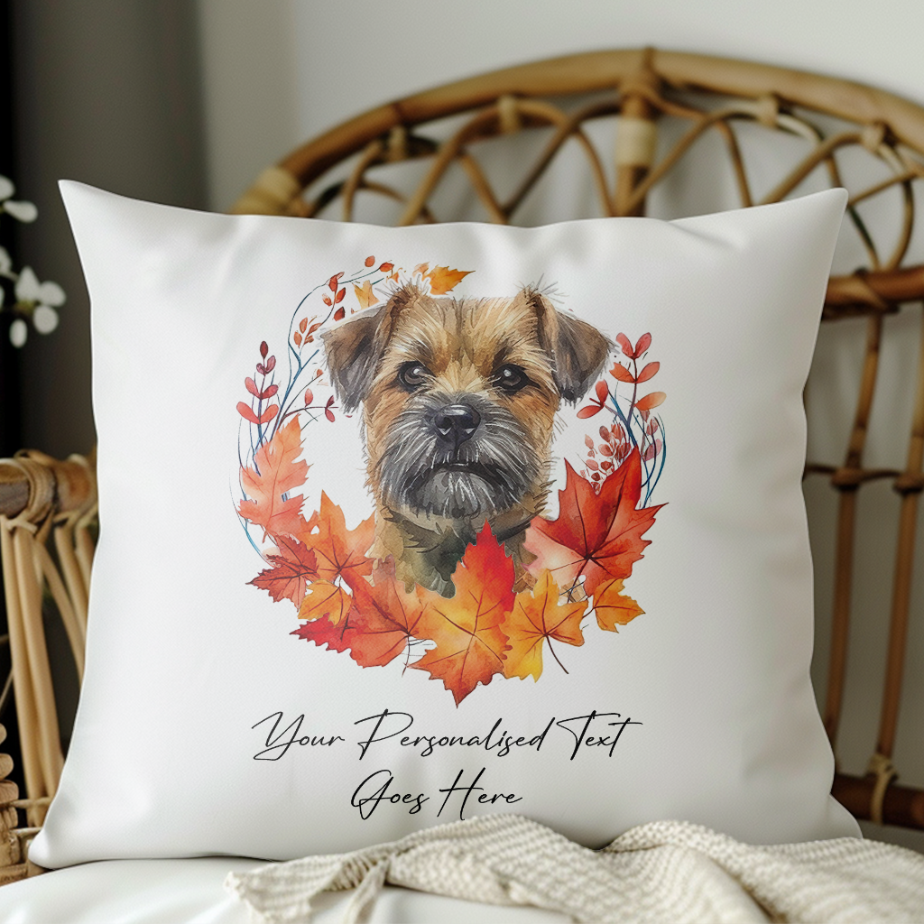 Personalised Border Terrier in an Autumn wreath - Keepsake Gift cushion, by Floppsie Moppsie – floppsiemoppsie at floppsiemoppsie.co.uk