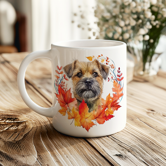 Border Terrier in an Autumn Wreath Personalised Dog Gift Mug