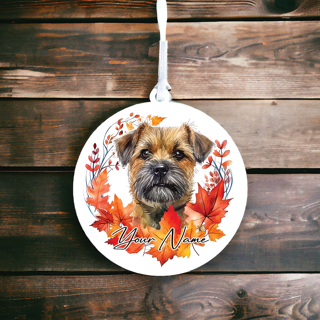 Personalised Dog Border Terrier in an autumn wreath - Keepsake Gift Hanging Decoration, by Floppsie Moppsie – floppsiemoppsie at floppsiemoppsie.co.uk