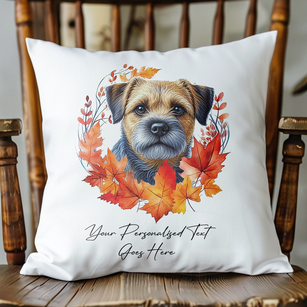 Personalised Blue and Tan Border Terrier in an Autumn wreath - Keepsake Gift cushion, by Floppsie Moppsie – floppsiemoppsie at floppsiemoppsie.co.uk