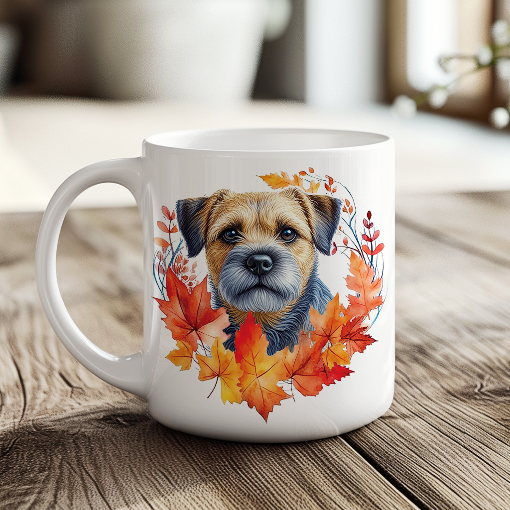 Personalised Blue and Tan Border Terrier in an Autumn wreath - Keepsake Mug, ideal gift for Birthday and Christmas Gift, by Floppsie Moppsie – floppsiemoppsie at floppsiemoppsie.co.uk