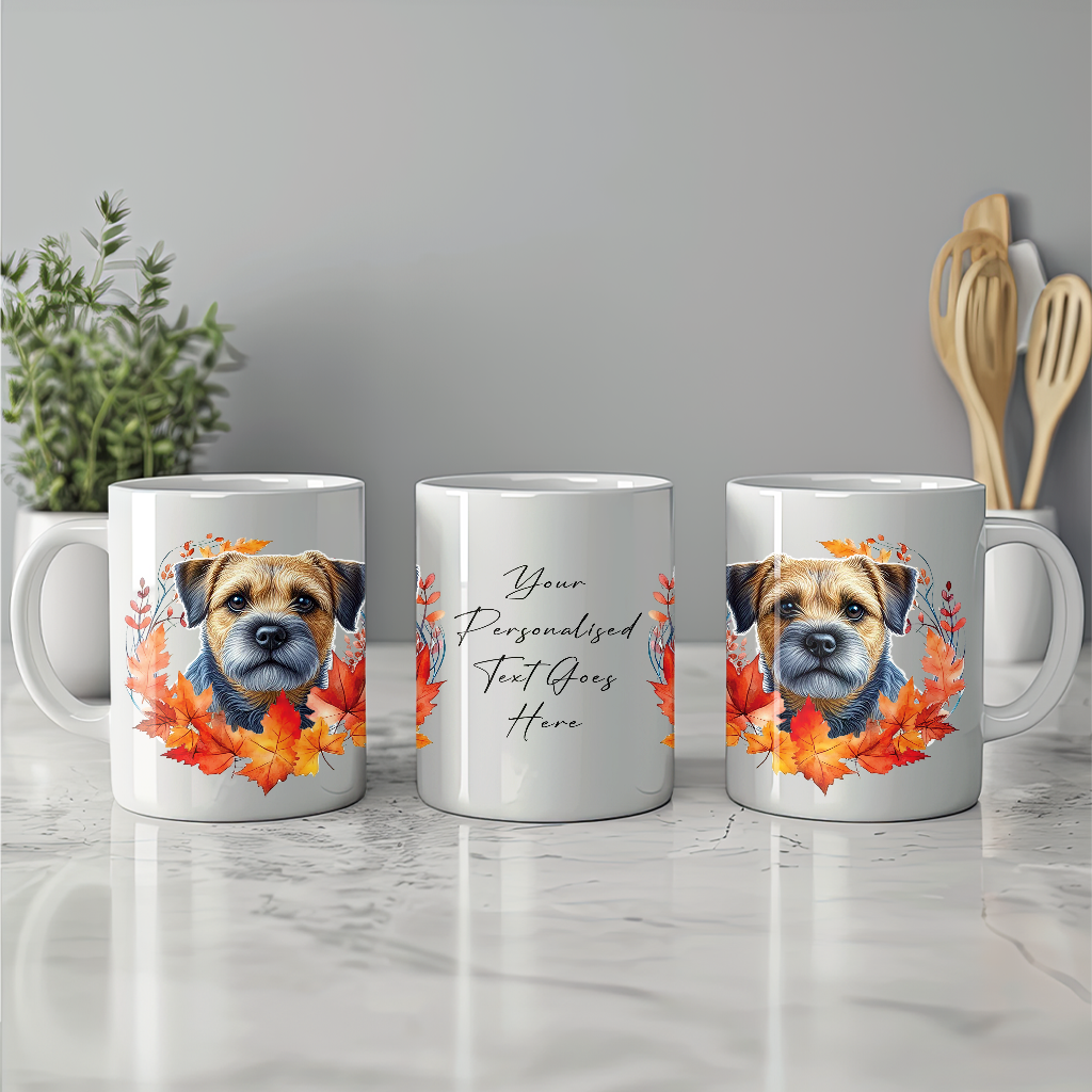 Personalised Blue and Tan Border Terrier in an Autumn wreath - Keepsake Mug, ideal gift for Birthday and Christmas Gift, by Floppsie Moppsie – floppsiemoppsie at floppsiemoppsie.co.uk