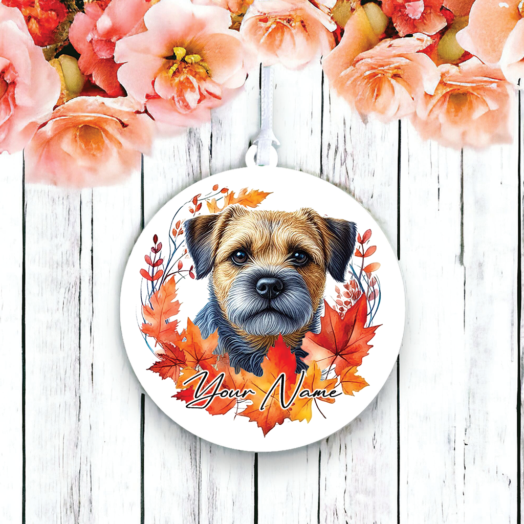 Personalised Dog Blue and Tan Border Terrier in an autumn wreath - Keepsake Gift Hanging Decoration, by Floppsie Moppsie – floppsiemoppsie at floppsiemoppsie.co.uk